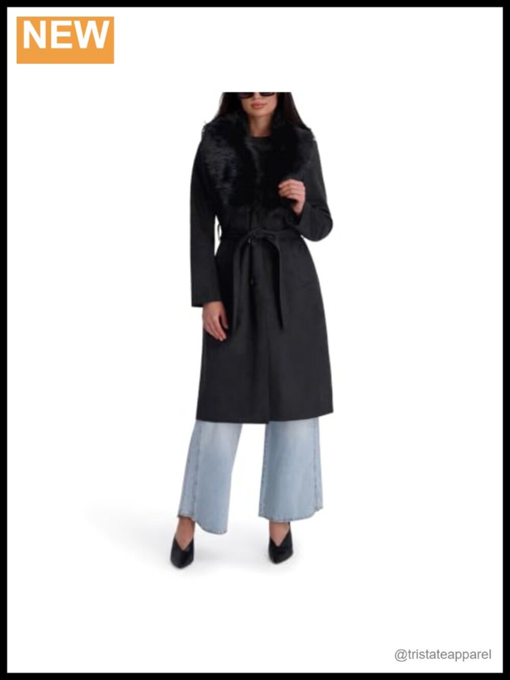 Faux Leather & Faux Fur Belted Trench Coat with Removable Shawl Collar